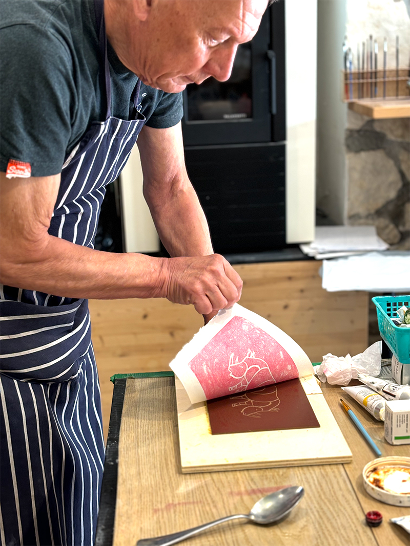 Pulling a linocut print